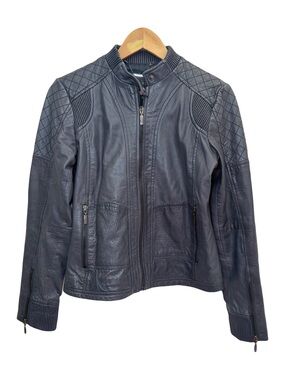 Bernardo Gray Genuine Leather Moto Bomber Jacket Quilted Trim Full Zip Small